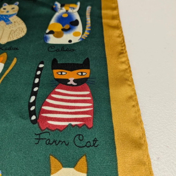 Whimsical assorted cats on silky green polyester with gold trim scarf, head wrap - Picture 6 of 15